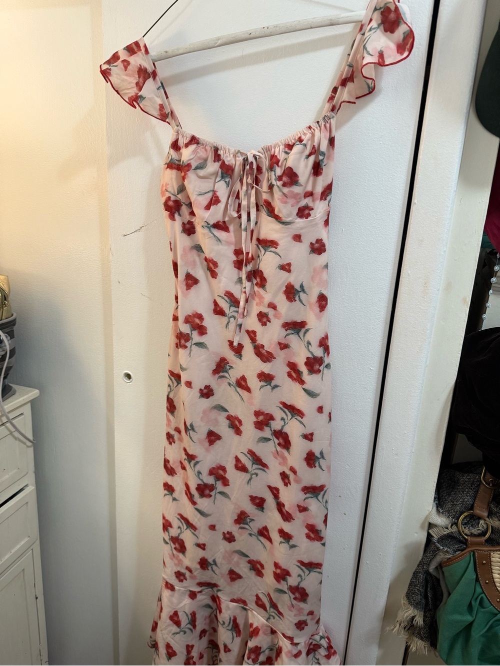 Cider Pink Floral Midi Dress with Red Poppy Print